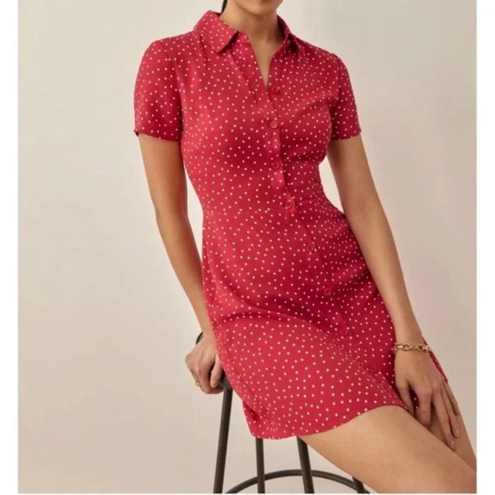 Reformation Noble Mini Dress Size 8 Red Polka Dot Short Sleeve Button Front